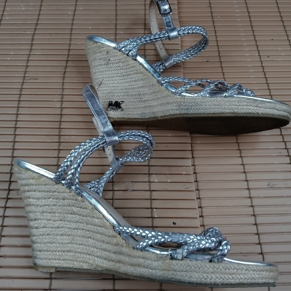 Michael Kors women's platform espadrille braided silver buckle straps. 4